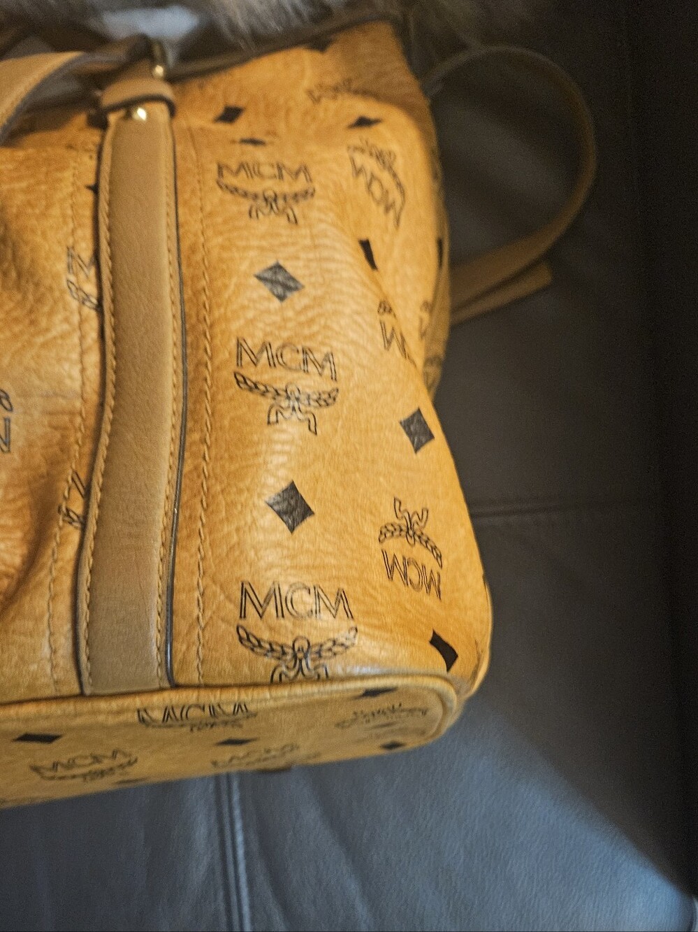 MCM Cognac Monogram Leather Shopper with Gold Plaque - Picture 8 of 9